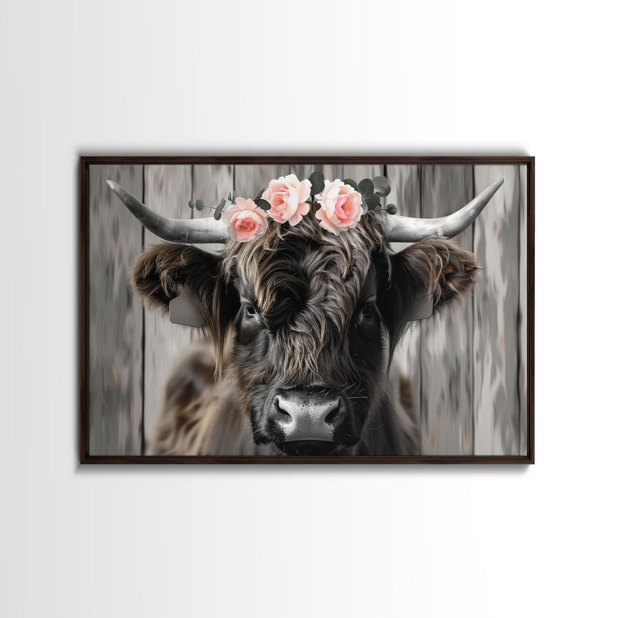Framed Canvas Wall Art, Cute Highland Cow Print, Modern Wall Art Farmhouse Decor, Fun Rustic Farmhouse Art, Life On The Farm, Cow and Flower