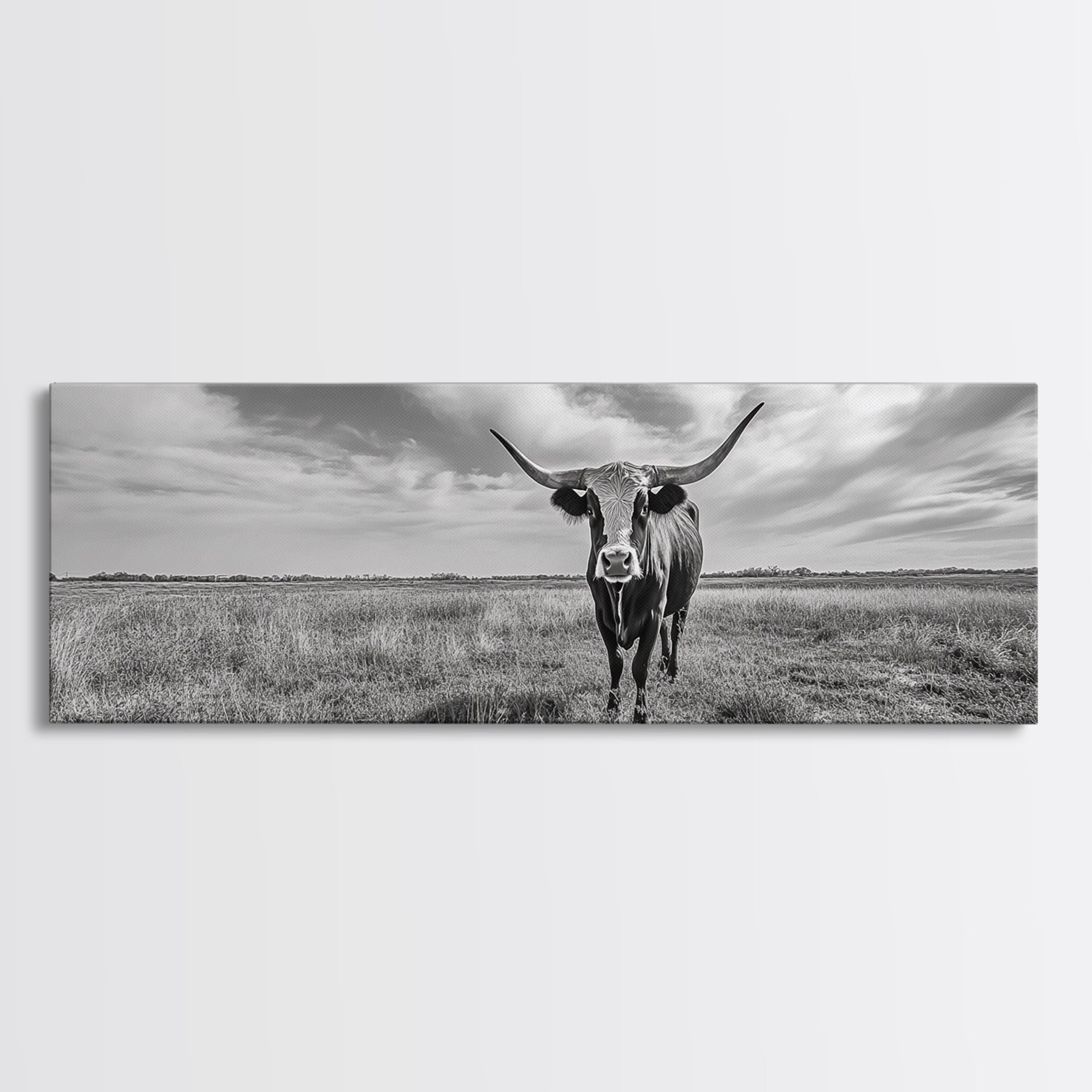 Texas Longhorn, Rustic Wall Art, Canvas Print, Farmhouse Art, Western Decor, Above Bed Art, Extra Wide Art, Moody Black And White Art