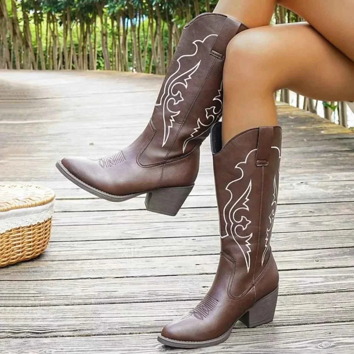 Brown Western Embroidered : Mid-Calf Boots