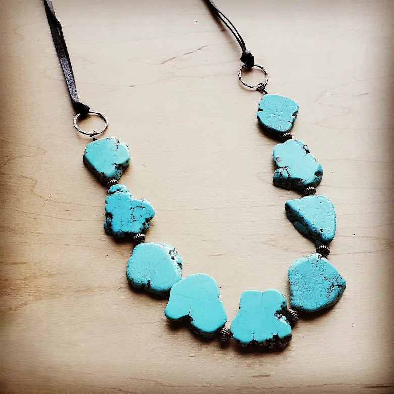Blue Turquoise Western Slab Necklace with Leather Ties 235X