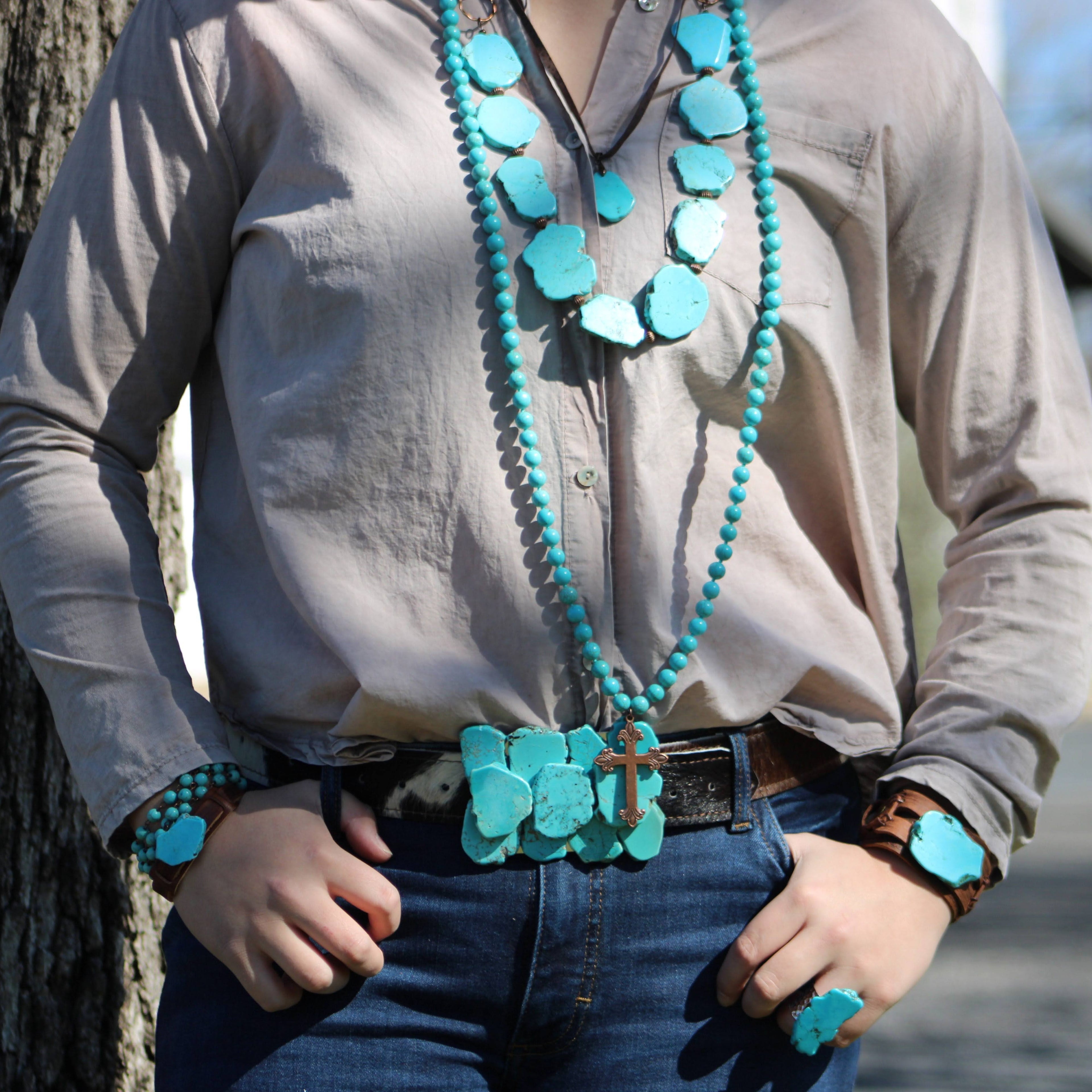Blue Turquoise Western Slab Necklace with Leather Ties 235X