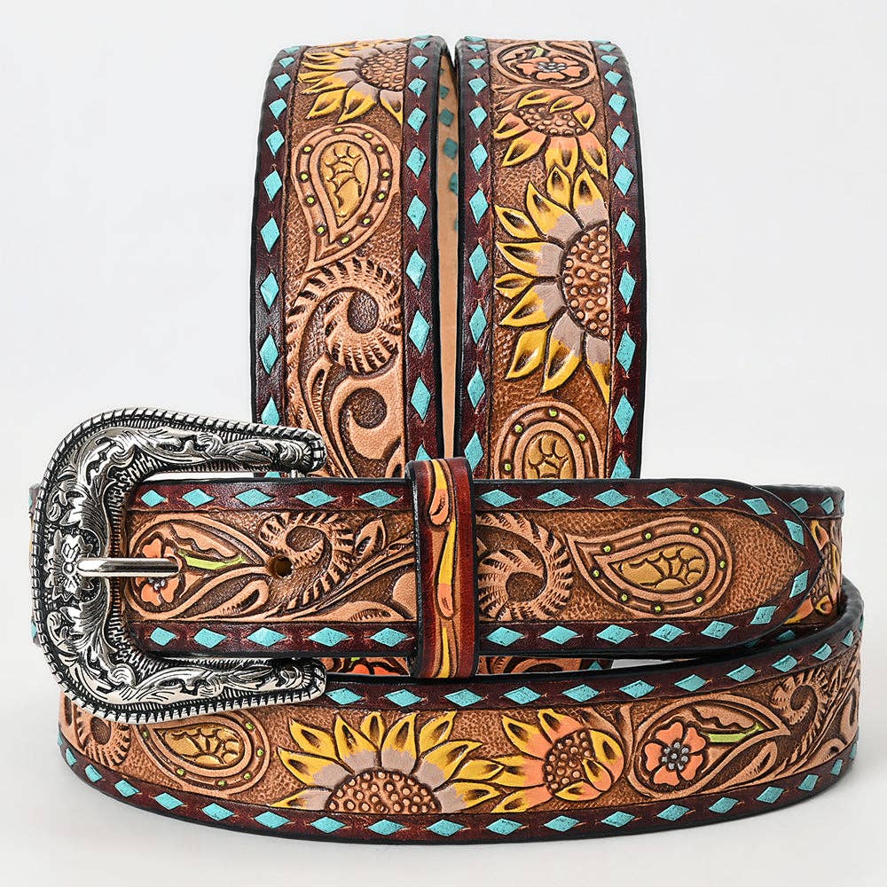 Tooled Leather Western Belt - Sunflower & Paisley Design with Turquoise Diamond Border