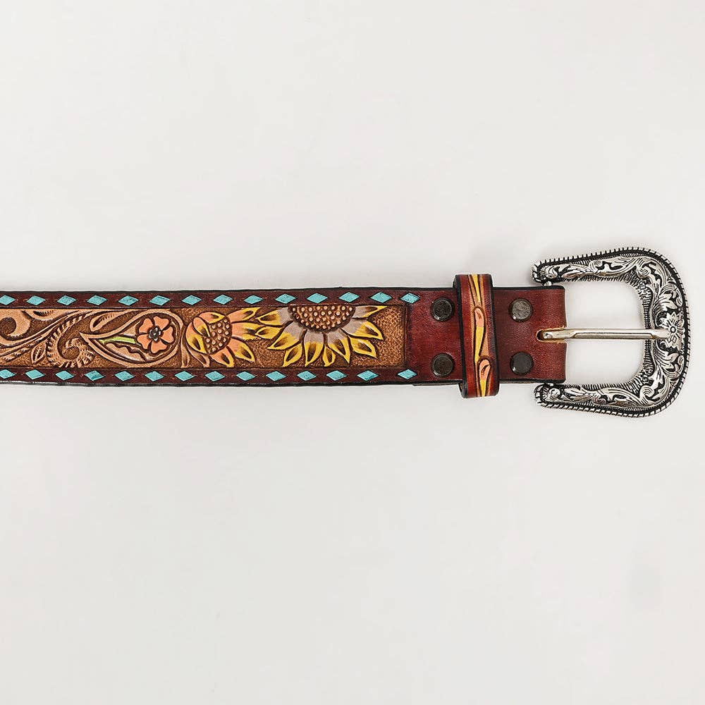 Tooled Leather Western Belt - Sunflower & Paisley Design with Turquoise Diamond Border