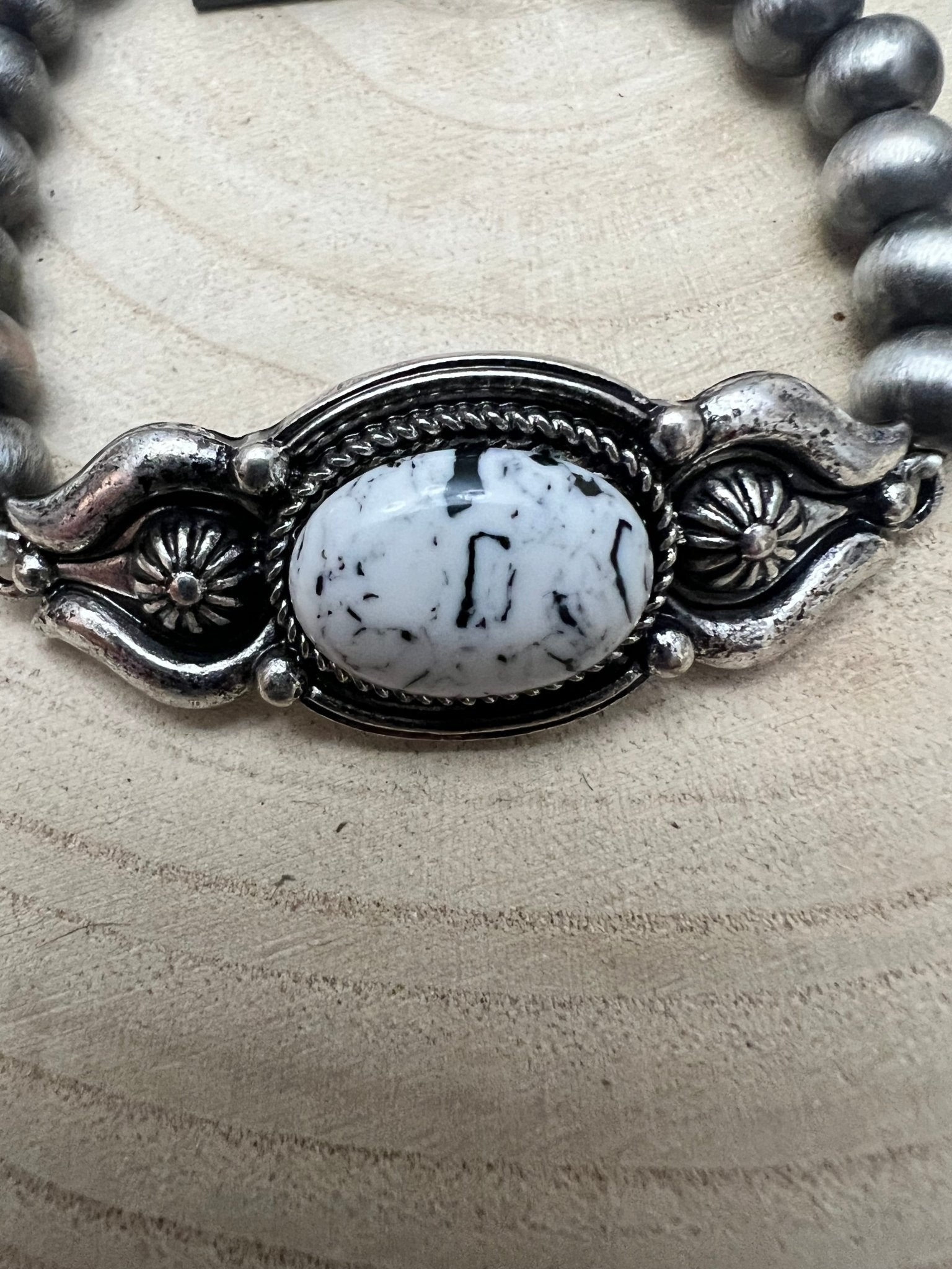 Faux White Buffalo and Sterling Pearl Stretch Bracelet